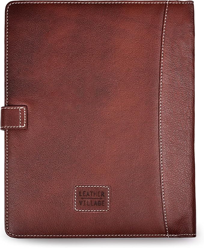 Leather Village Leather Portfolio Organizer - Professional Business Padfolio for Men & Women - Stylish Document Card Holder, Resume Folder, Folio for A4/Letter Size Writing Legal Pad, Red