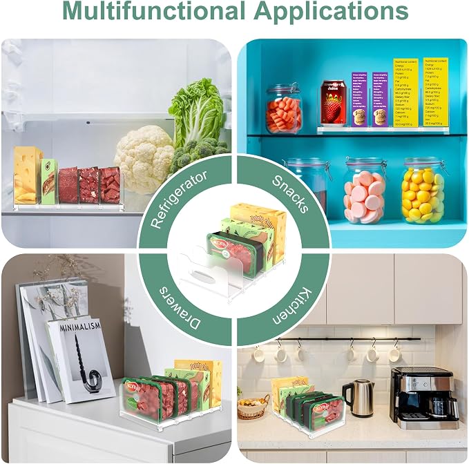 Freezer Organizer,12" Visible Fridge Organizer Rack with Removable Dividers | Freely Adjustable,Easy to Pull Out and Carry Handle, Fits Refrigerator Frozen Meals, Lunch Meat Box, Cheeses, White