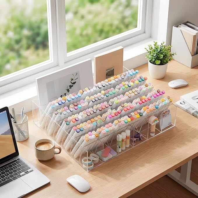 MotiMind Acrylic Pen Organizer Storage for 420 Markers Vertical Marker Organizer Acrylic Pen Display Holder for Office Desk Desktop Stationery Pencil Storage, Clear, 18 x 4 x 14.5 Inch