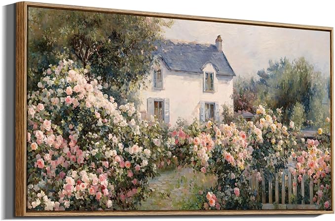InSimSea Extra Large Framed Vintage Wall Art, Living Room Country Farmhouse Decor, Cottage Rose Garden Landscape Canvas Prints, Retro Scenery Long Pictures for Bedroom Above of Bed,20x40inch