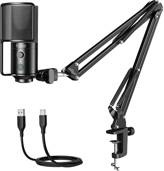 FIFINE USB Podcast Microphone, PC Computer Condenser Microphone Plug & Play Mic Kit with Boom Arm Stand, 16MM Large Diaphragm, Mute Button for Recording Singing Streaming YouTube Gaming-T669PRO1