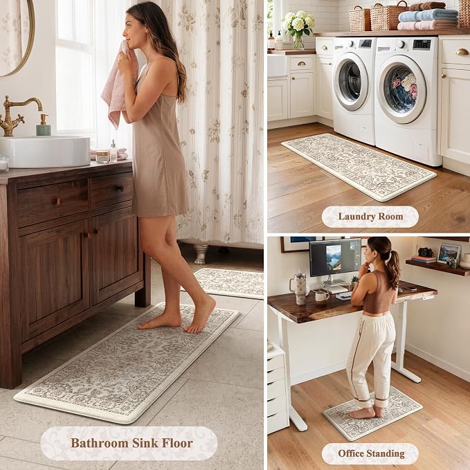 KIMODE Anti Fatigue Mats for Kitchen Floor Kitchen Rugs Sets of Cushioned | 17"x29.5"+17" x47, Khaki,Non Slip Padded Kitchen Floor Mats,Memory Foam Standing Kitchen Mat for Sink Laundry Office Desk
