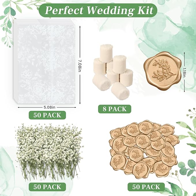 Wedding Invitation Accessories Kit, Pre-Folded Vellum Jackets for 5×7 Invitations with Wax Seal Stickers, Ribbon & Dried Flowers, Elegant Wedding Invitation Accessories for DIY Bridal Invites (White-Rose, 50)