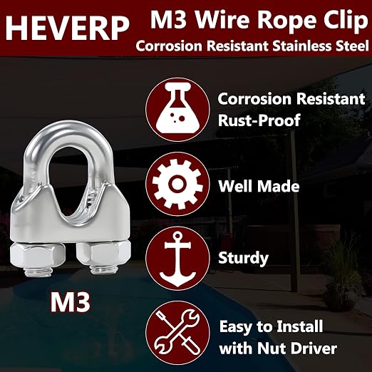 20PCS 1/8 Inches M3 Stainless Steel Wire Rope Clips Cable Clamp | Corrosion resistant,antirust,easy to install,suitable for using in 1/16"-1/8" diameter wire rope or cable