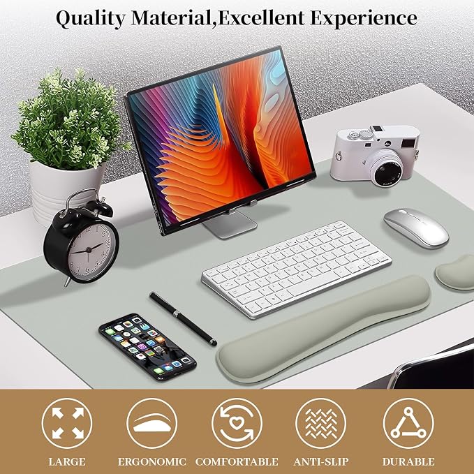 Mouse and Keyboard Pad, 3-in-1 Desk Mat Set, Wrist Rest for Computer Keyboard, Ergonomic Keyboard Wrist Rest Set for Office Home Decor(Light Grey, 31.5" x 15.7")