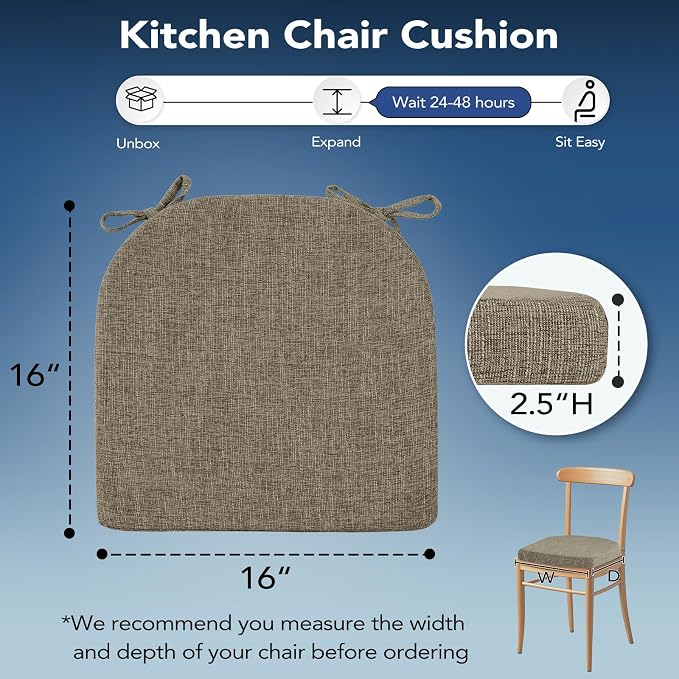 Chair Cushions for Dining Chairs, Non Slip Chair Pads with Ties and Washable Covers, Memory Foam Kitchen Chair Cushions Set of 6, 16"X16"X2.5", Khaki
