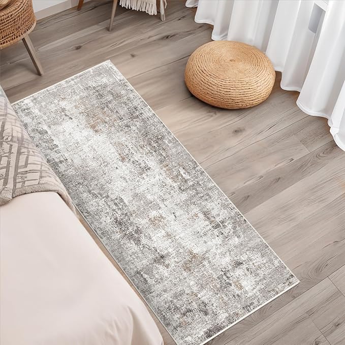 2x5 Rug Runner Non-Slip Washable – Modern Neutral Abstract Small Rug for Hallway, Kitchen, Bathroom, Bedroom, Entryway, Laundry Room – Thin Soft Low-Pile Rubber Backing (Beige/Grey)