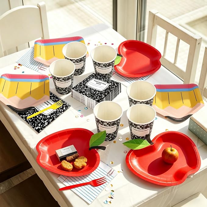Whaline 120 Pcs Back to School Party Supplies Kit Apple Pencil Notebook Composition Tableware Set Disposable Dinnerware Paper Napkin Plate Cup Fork for 24 Guest First Day of School
