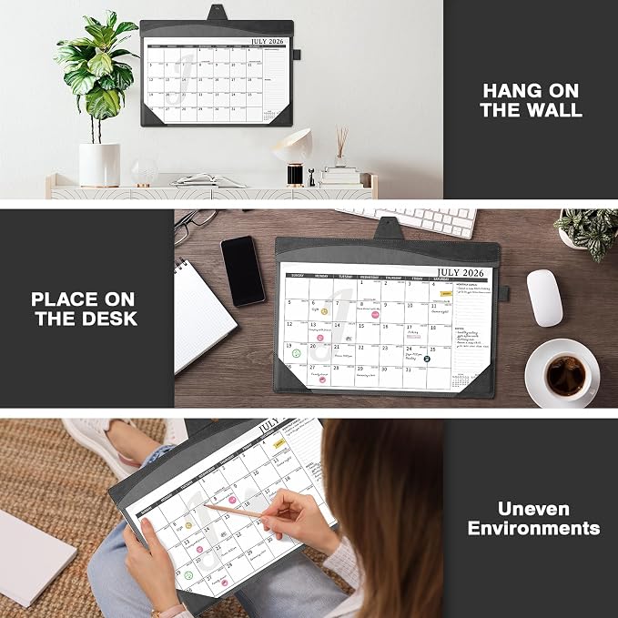 Ospelelf Leather Desk Calendar 2026-2027 Large 12"x17" Monthly Planner Pad with Protective Cover 18 Months Use July 2026 to December 2027 Black