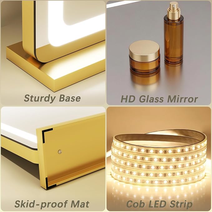 ROLOVE 23"x18" Gold Vanity Mirror with Lights, Large Lighted Makeup Mirror with 10X Magnifier, 3 Color Lighting & Stepless Dimming, Wall Mounted or Tabletop Desk Mirror for Bedroom