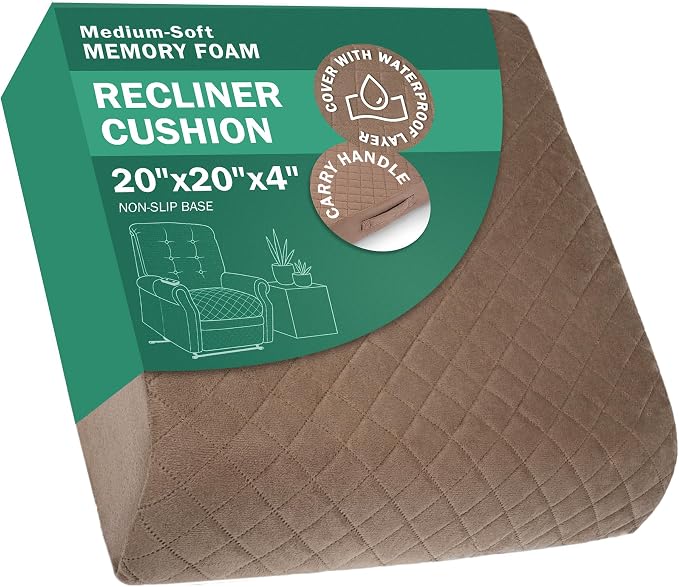 Medium-Soft 20x20x4 Memory Foam Recliner Chair Seat Cushion for Long Sitting - Armchair Pad with Washable Velvety Cover with Waterproof Layer & Non-Slip Base for Seniors & Elderly - Brown