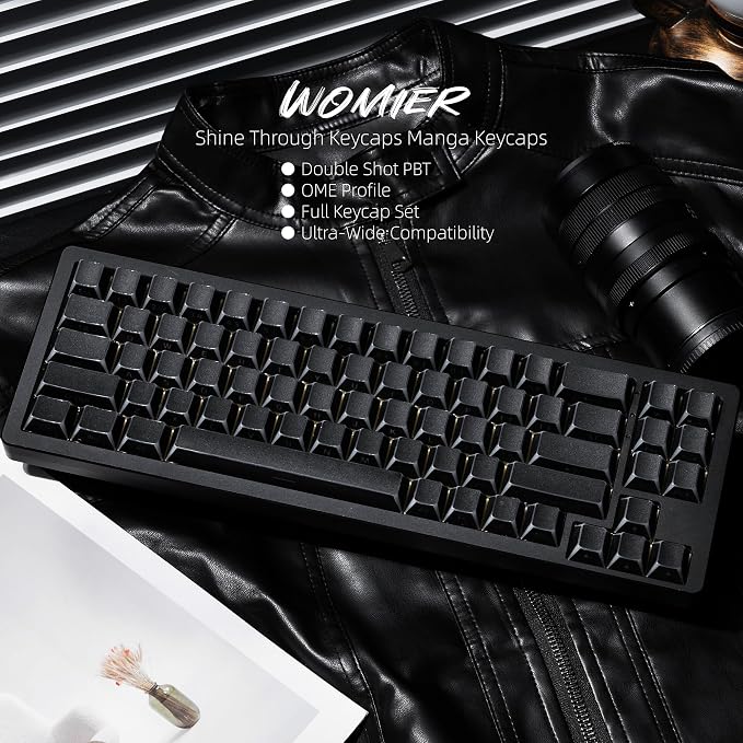 Womier PBT Shine Through Keycaps Manga Black, OEM Profile Side Printed Custom Key caps 60 65 75 100 Percent Keyboard Keycap Set Suitable for MX Switches Mechanical Keyboard