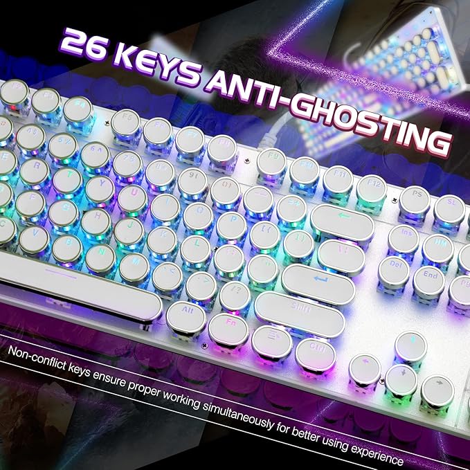 Typewriter Style Mechanical Gaming Keyboard RGB Backlit Wired with Blue Switch Retro Round Keycap 104 Keys Keyboard (White 104 Keys RGB)
