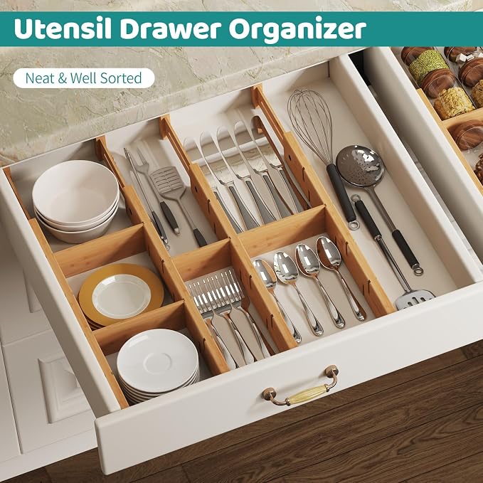 6 Pack Bamboo Drawer Dividers with Inserts, Kitchen Adjustable Drawer Organizers, Expandable Organization for Home, Dressers, 6 Dividers with 12 Inserts