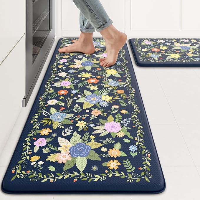 KIMODE Anti Fatigue Kitchen Mats for Floor,Farmhouse Rugs for Kitchen Floor | Cushioned Kitchen Floor Mat Non Slip, Comfort Standing Mat for Laundry Office Bath Sink Desk Dormitory Blue 17"x47"+17"x29"