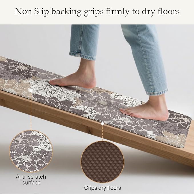 GENIMO Anti Fatigue Kitchen Runner Mats for Floor, Cushioned Standing Mats | 23"x71" , Coffee Brown vintage floral rug set, waterproof, non slip, easy-clean for farmhouse