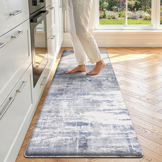 LOKHOM Anti Fatigue Kitchen Mats for Floor, 24x59 Non Slip Modern Cushioned Standing Comfort Kitchen Runner Rug, Waterproof Abstract Memory Foam Padded for Sink Laundry Office, Blue Grey