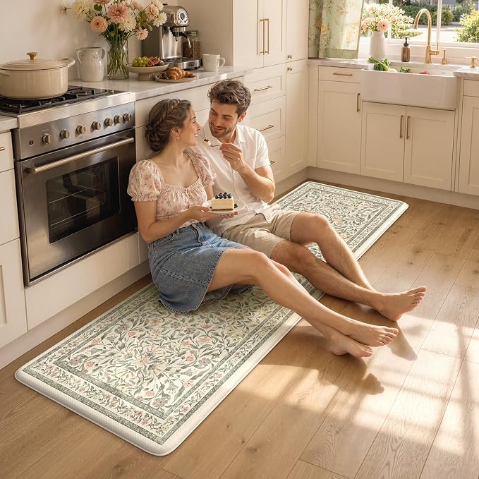 KIMODE Kitchen Mats Cushioned Anti Fatigue, Farmhouse Flower Kitchen Runner Rug, Modern Kitchen Mats for Floor, Padded Kitchen Floor Mats, Beige Home Decor for Sink Laundry Office Bedroom 24"x71"