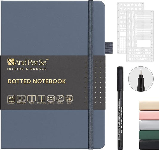 &And Per Se A5 Hardcover Dotted Notebook Kit for Beginners – 176 Numbered Pages, 100gsm Thick Paper, Includes Stencils & Fineliner Pen | Leather Bullet Journal with Templates, Lay Flat Design, Premium Gift for Women Men (Dark Blue)