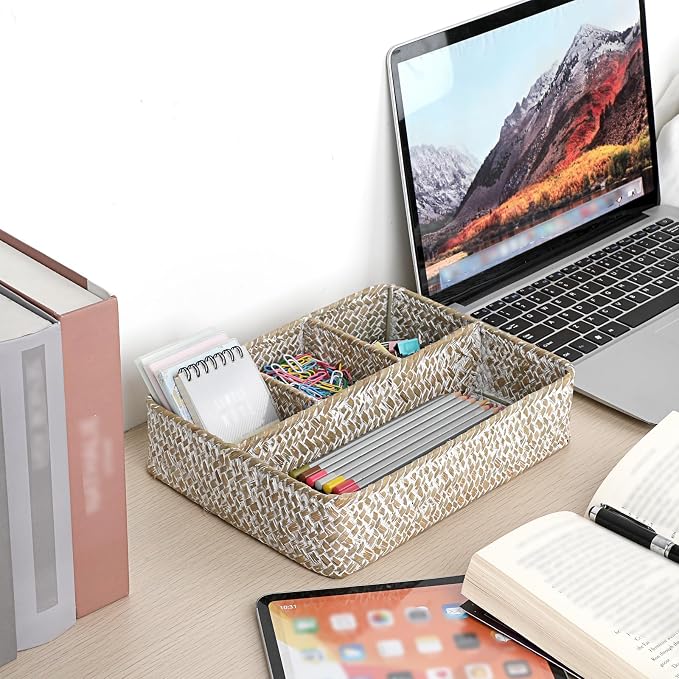 BTSKY Desk Drawer Organizer Tray, Coffee Station Organizer Tea Bag Organizer, Woven Seagrass Storage Basket with 4 Divided Sections Handwoven Wicker Basket for Shelves, Pantry, Coffee Bar (White)