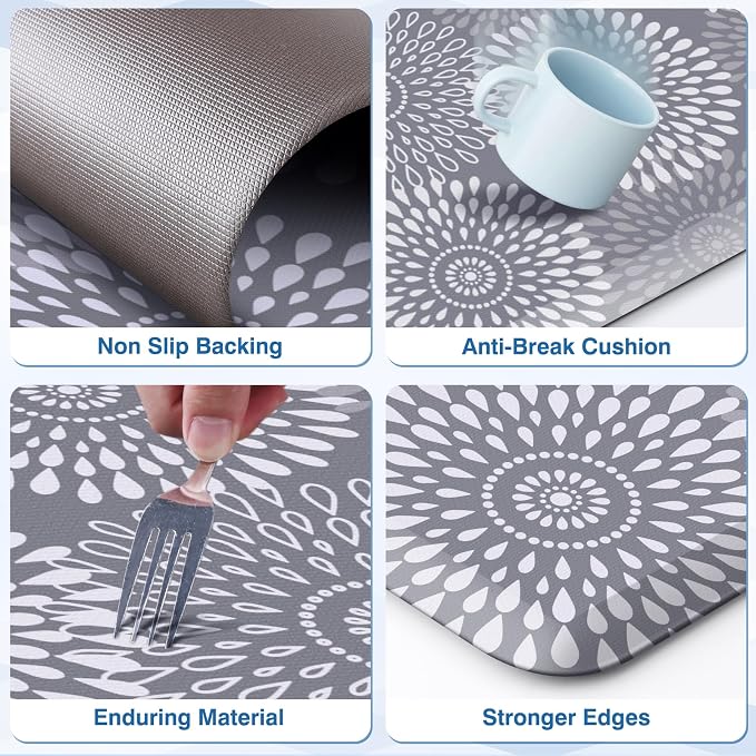 LuxStep Kitchen Mats for Floor,0.47 inch Thicker Cushioned Rug Anti-Fatigue Mats for Kitchen Decor Accessories,Waterproof Non-Slip Mats and Rugs Set for Office,Laundry 17.3"×29"+17.3"×60",Grey