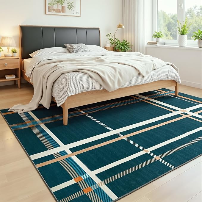 Terrug Plaid Area Rug for Living Room, Blue 5x7 Checkered Rugs Washable with Non Slip for Bedroom, Soft Low Pile Stain Resistance Abstract Carpet for Dinning Room