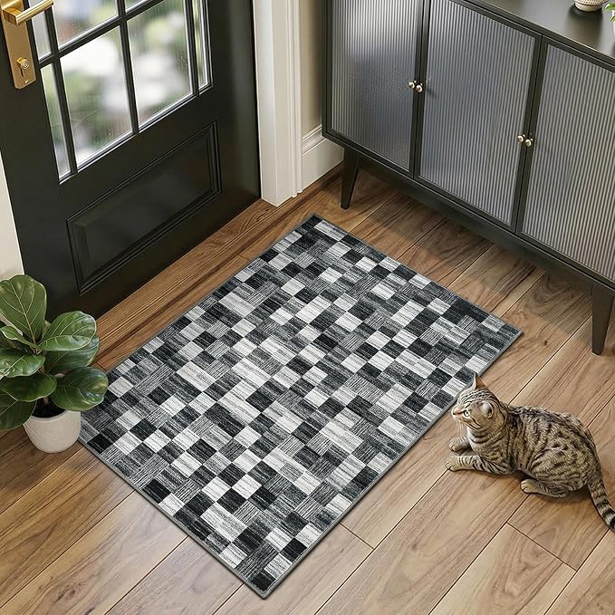 Terrug Black and White Checkered Rug for Entryway, 2x3 Small Area Rugs Washable with Non Slip for Kitchen, Soft Low Pile Abstract Carpet for Home Office Front Door Porch