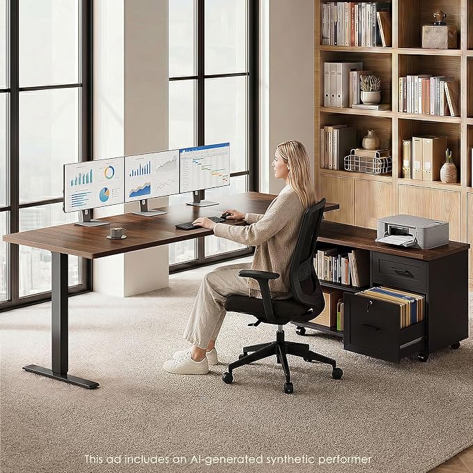 OffiGo 63" L Shaped Electric Standing Desk with File Cabinet, Walnut/Black | Mobile Drawers & File Cabinet for Flexible Layout, Height Adjustable Executive Stand Up Desk for Home Office Workstation