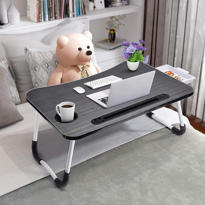Slendor Lap Desk with Tablet Slot, Foldable Laptop Table with Storage Drawer for Bed，Portable Bed Desk for Laptop, Computer Tray with Cup Holder Notebook Stand Reading Holder for Couch Floor, Black