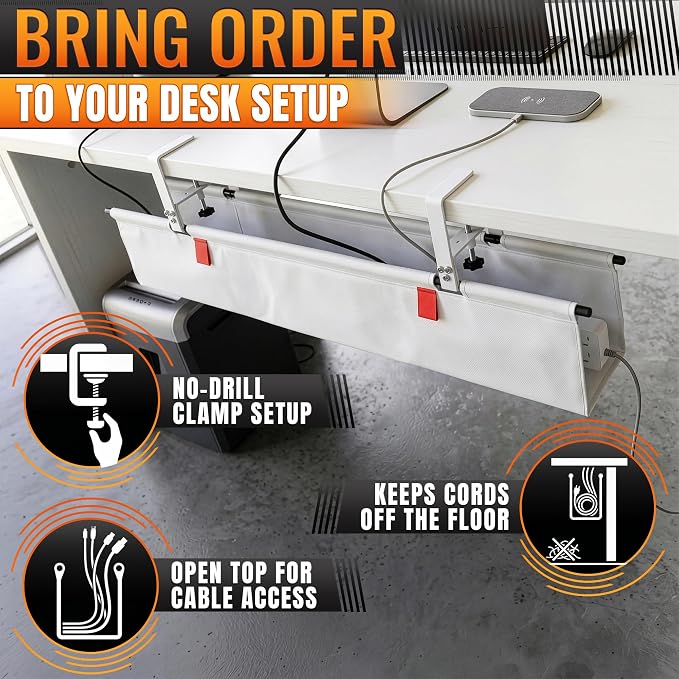 Under Desk Cable Management Tray 28" — No Drill Clamp-On Cord Organizer for Desk with Built-in Ties, Heavy Duty Metal Clamp, Foldable 600D Oxford Fabric for Home Office, WFH & Gaming PC Setup (White)