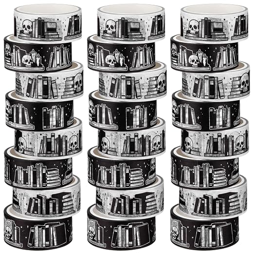 24 Rolls Gothic Book Shelf Washi Tape Set Per Roll, Skull & Book Pattern Decorative Tape Easy Hand Tear for DIY Crafts, Scrapbooking, Journaling, Gift Wrapping Study Planner Decoration