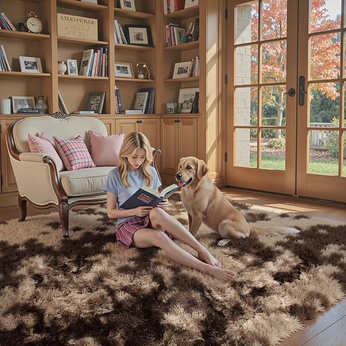 Area Rugs 9x12 Living Room, Large Area Rug Shaggy Carpet Soft Plush Furry Bedside Rug, Machine Washable Area Rugs for Bedroom Home Decor Non-Slip(9 x 12, Dark Coffee Tie-Dyed)