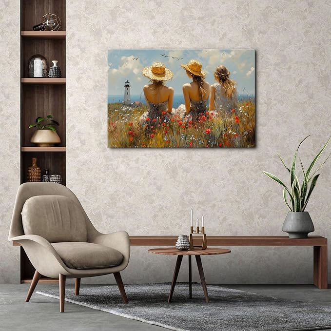 Abstract Poppy Floral Canvas Wall Art Coastal Autumn Landscape Painting Artwork Bedroom Bathroom Ocean Lighthouse Canvas Prints Girl Picture Retro Wall Decor for Gallery Living Room Decorations 32x48"