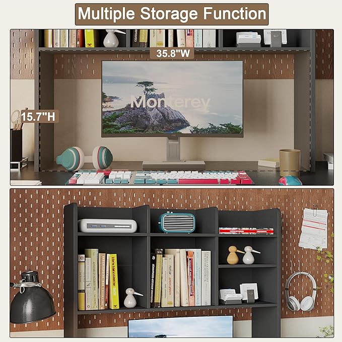 ChooChoo Desk Hutch Dorm, Desktop Bookshelf with 7 Shelves | Desktop Shelf, Bookshelf Storage for College Dorm Office Home, Black