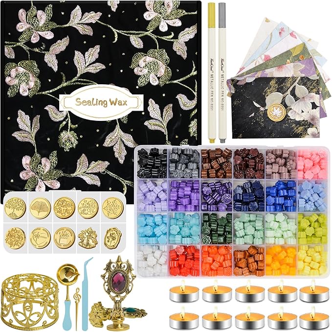 Numola Wax Seal Kit with Gift Box, 24 Colors 600 Pcs Cat-paw Beads, 10 Stamps with Storage Box, 2 Retro Handle, Metal Warmer, Vintage Envelopes, Metallic Pen, Candles, for Gifts and Decorating