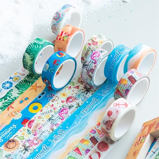 YUBBAEX 10 Rolls Four Seasons Washi Tape Set Beach Ice Cream Masking Decorative Tapes (Summer)