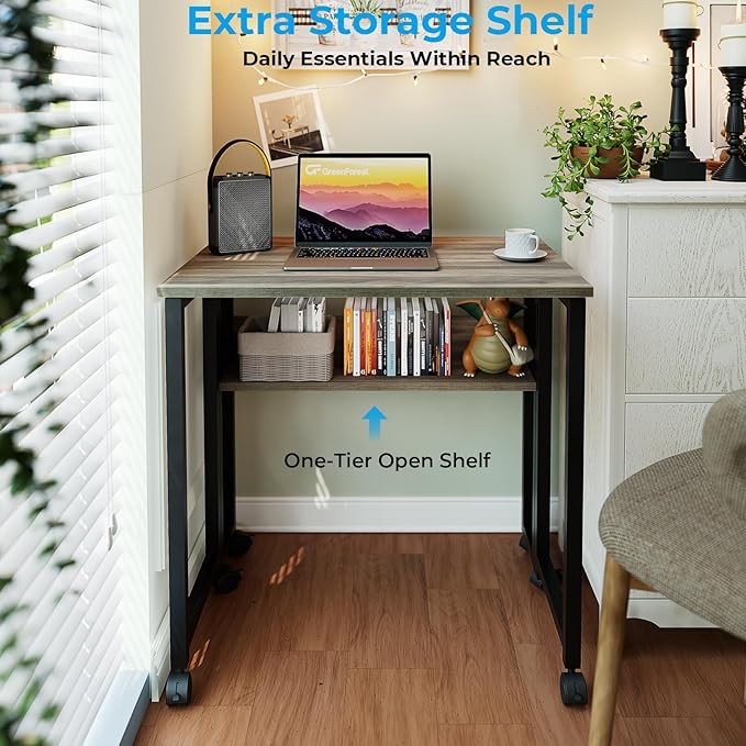 GreenForest Folding Desk Small Rolling Desk with Storage Shelf,24.8 inch Foldable Computer Desk with Wheels for Small Space,Easy Assembly,Grey Wash
