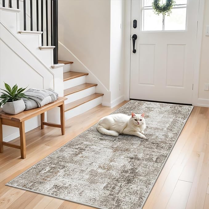 Washable Non Slip Runner Rug 3x8 – Hallway Runner Rug & Kitchen Carpet Runner – Modern Abstract Neutral Low Pile Area Rug for Entryway Bathroom Bedroom (Beige Grey)
