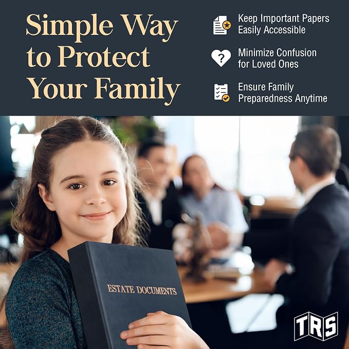 TRS Estate Planning Binder Kit – Pre-Labeled Tabs, Sheet Protectors | 1.5" D-Ring Faux Leather Organizer for Wills, Trusts, Power of Attorney & End-of-Life Planning | Navy with Bronze