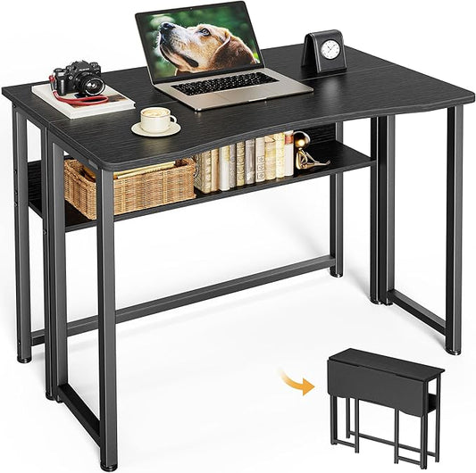 Huuger Folding Desk with Storage Shelf, 31.5 Inch Foldable Computer Table for Small Spaces, Space Saving Sofa Table for Couch, Writing Work Office Computer Desk, Easy to Fold, Black