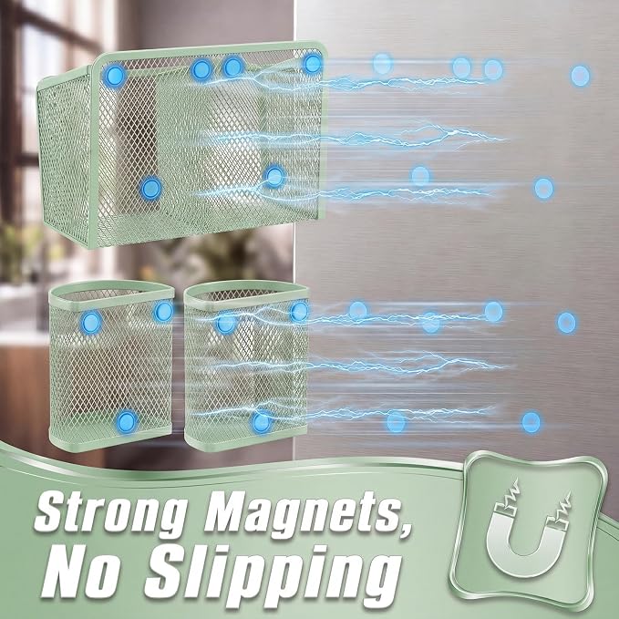 Marspark 3 Pcs Magnetic Pen Holder Set Metal Pencil Holder with Strong Magnets Wire Mesh Storage Basket Organizer for Locker Accessories Whiteboard Refrigerator School Office Dorm(Sage Green)