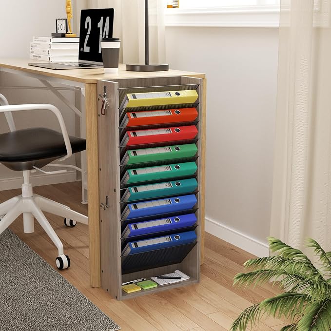 Creso hom Mail Organizer Wall Mounted, Mail Sorter with 2 Key Hooks, 11-Slot File Organizer for Wall or Desk, Wood Letter Holder Envelopes Bills Accessories for Home Office, Greige