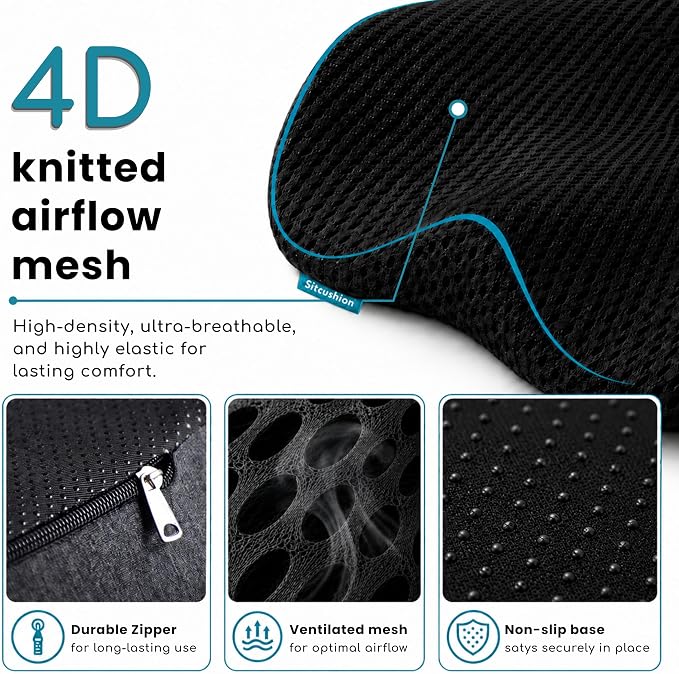 SitCushion Car Seat Cushion for Long Driving – X Large Memory Foam Seat Cushion with Breathable 4D Mesh Cover, Sciatica & Tailbone Pain Relief, Orthopedic Coccyx Cushion for Car, Truck (Black)