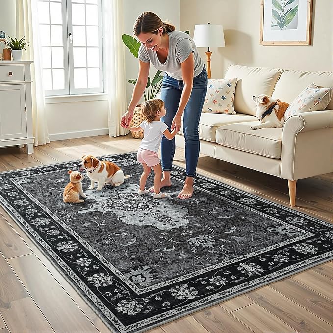 Vasofe 4x6 Area Rugs for Living Room, Machine Washable Low-Pile Carpet Rug for Bedroom, Vintage Floral Print Indoor Floor Rug for Dining Room Office Nursery Dorm Kids Room Bedside Decor, Black/Grey