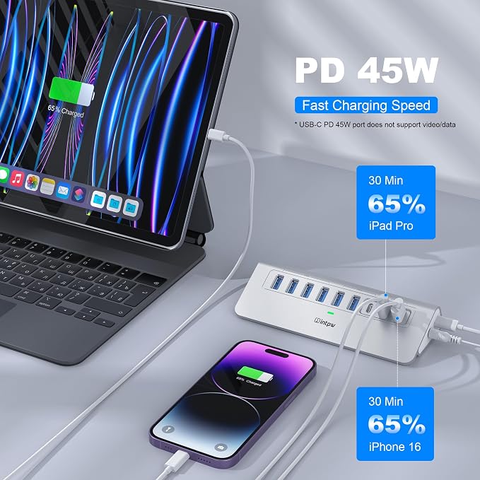 Powered USB Hub 10Gbps, intpw YH6AC 9-Port USB 3.2 /USB C Hub with USB A/USB C 3.2, 4 USB 3.0, 2 PD 45W Charging Port, 65W Power Adapter + 5FT Cable, Aluminum USB Hub for PC, iPhone 17/16/15/Laptop