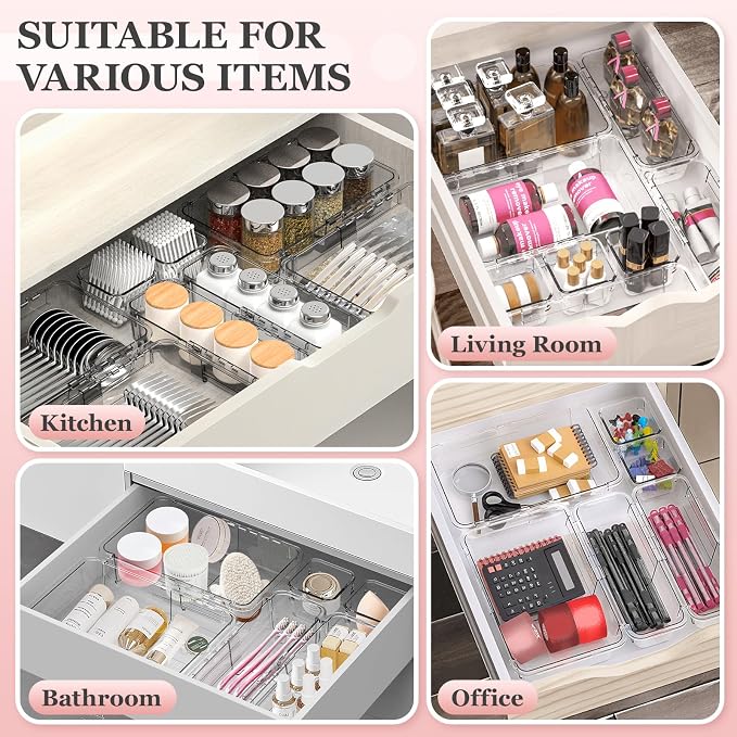 DILIBRA 16 Pcs Clear Extendable Drawer Organizer, Adjustable Drawer Storage | 3-Size Desk Drawer Organizer, Plastic Non-Slip Storage Bins for Makeup Cosmetic Jewelries Utensils Stationery Dressers Tool