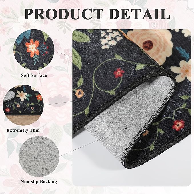 DUKINO 8x10 Area Rug, Floral Rugs for Living Room, Lightweight Non Slip Washable Rug, Indoor Low Pile & Non-Shedding Boho Design Rugs for Bedroom, Living Room, Dining Room, Black