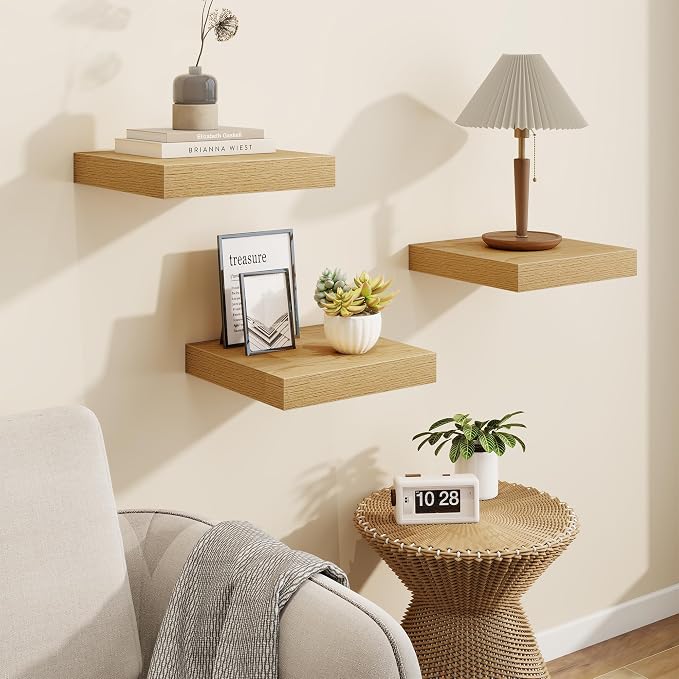 Marsmiles Square Floating Shelves for Wall, 12" W x 12" D x 1.5" H, 3 Pack Small Wall Mounted Engineered Wood Shelves with Invisible Brackets for Living Room, Bedroom, Bathroom, Kitchen Decor, Oak