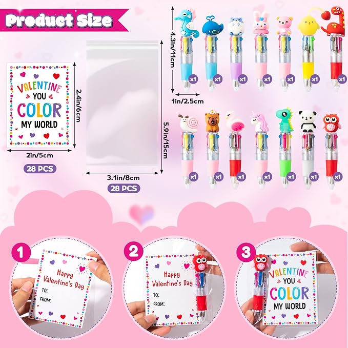 ANGOLIO Valentine's Day Gifts 28 Sets Cards with Cute Animal 4 in 1 Multicolor Ballpoint Pens for Kids Students School Classroom Office Valentines Exchange Gifts Party Favors Toddler Boys Girls Prizes