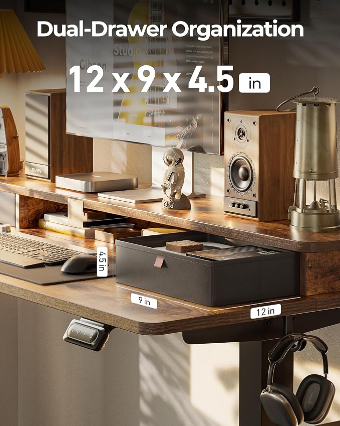 FEZIBO 60 x 24 Inch Height Adjustable Electric Standing Desk with Double Drawer, Stand up Home Office Computer Desk with 4 Height-Adjustable Feets & 2 Hooks, Rustic Brown